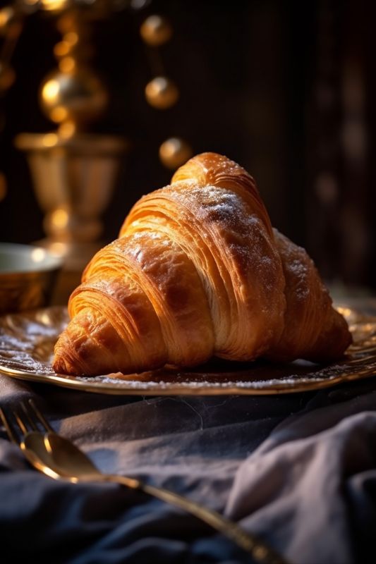 table croissant cup space drink copy bakery breakfast bokeh food background morning background. Generative AI.