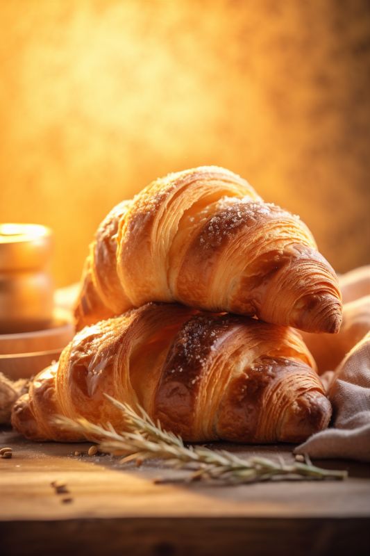 drink cup table bakery morning bokeh croissant food background breakfast french background. Generative AI.