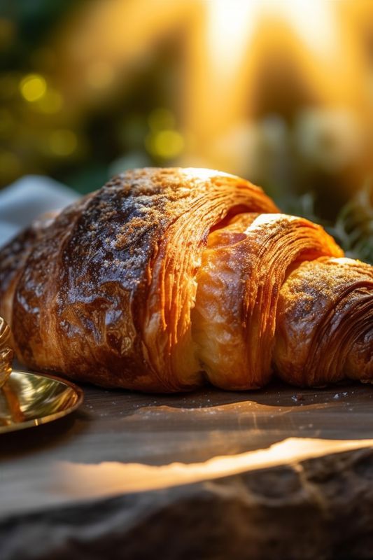background table cup morning croissant sweet background drink food bokeh bakery breakfast. Generative AI.