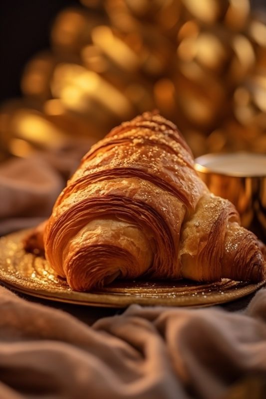 background breakfast table bokeh hot food drink background bakery drink cup croissant morning. Generative AI.