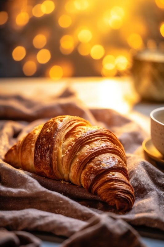 background bokeh breakfast bakery cup food table caffeine background croissant morning drink. Generative AI.