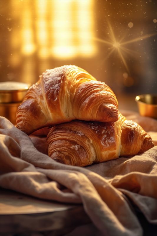 background breakfast background bakery cup bun bokeh croissant food morning table drink. Generative AI.
