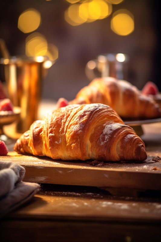 bokeh drink morning croissant food bakery breakfast background background table cup pastry. Generative AI.