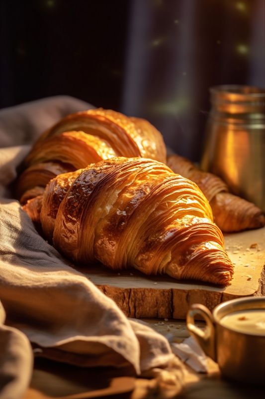 background food bakery background cup bokeh morning breakfast table croissant gold drink. Generative AI.