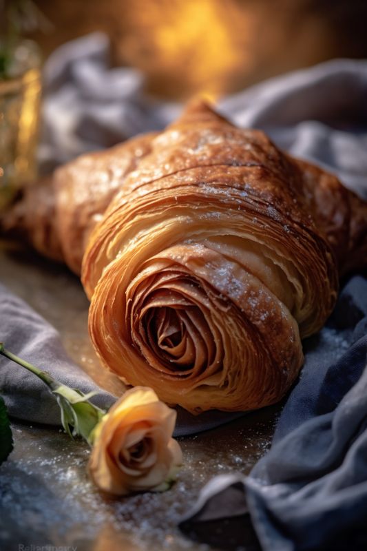 bokeh drink background space table background morning breakfast cup croissant food bakery. Generative AI.