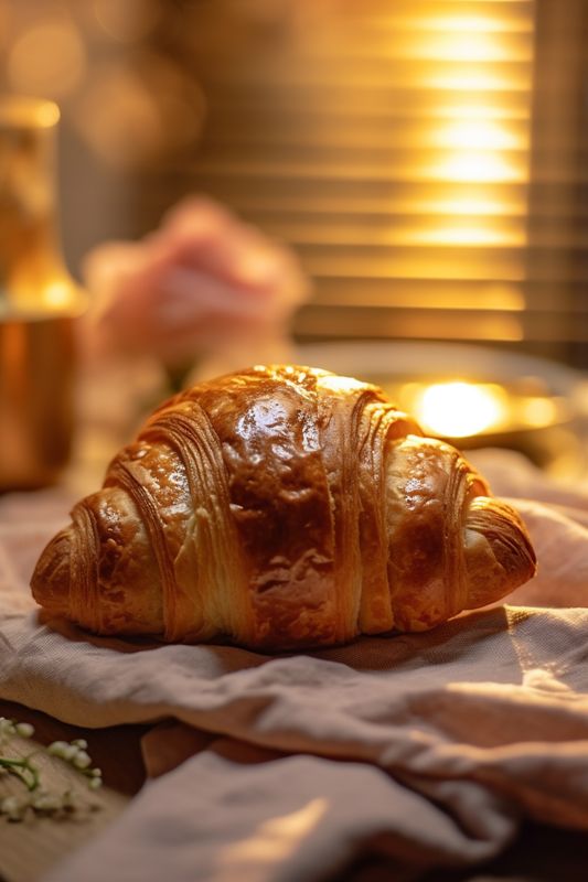 croissant drink background food table background breakfast espresso bakery cup morning bokeh. Generative AI.