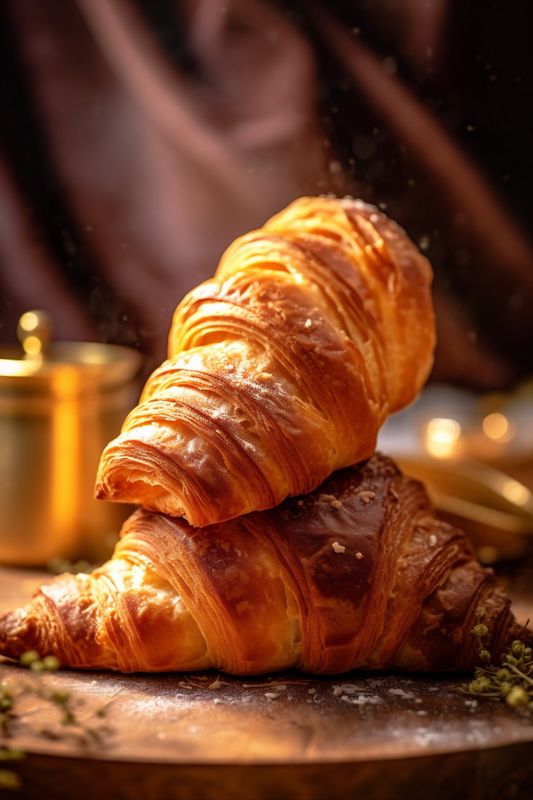 table bokeh bakery cup drink morning background breakfast background croissant delicious food. Generative AI.
