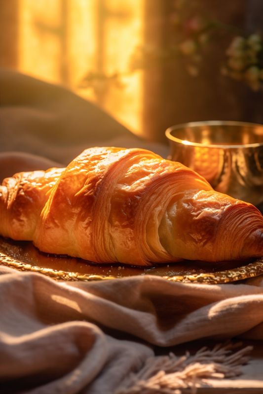 bakery food background breakfast drink croissant morning table bokeh cup background fresh. Generative AI.