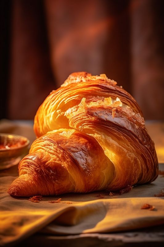 background drink breakfast bakery morning tea background cup croissant table bokeh food. Generative AI.