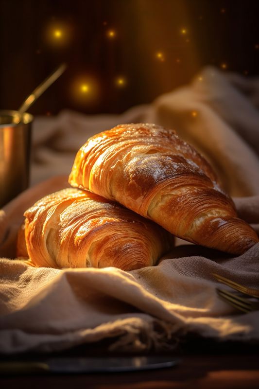 croissant bakery bokeh background background breakfast drink morning table food cup bun. Generative AI.