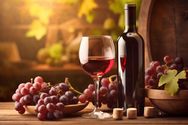 bottle grape glass winery beverage sunset food drink wine alcohol background. Generative AI.