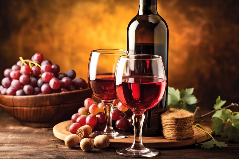 drink alcohol wooden background grape wine food winery glass beverage bottle. Generative AI.