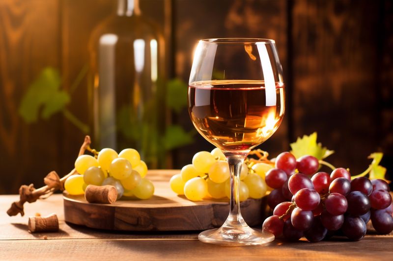 bottle food grape winery beverage alcohol drink wooden glass wine background. Generative AI.
