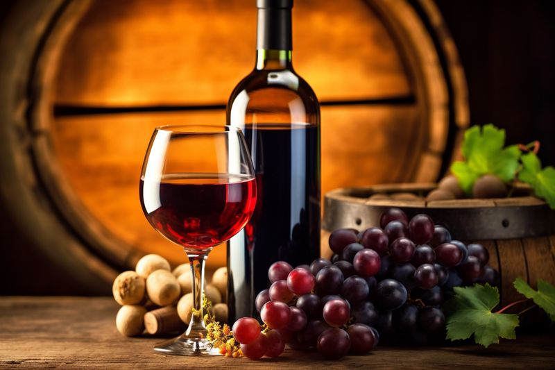 alcohol grape bottle wine beverage glass drink winery food background bunch. Generative AI.