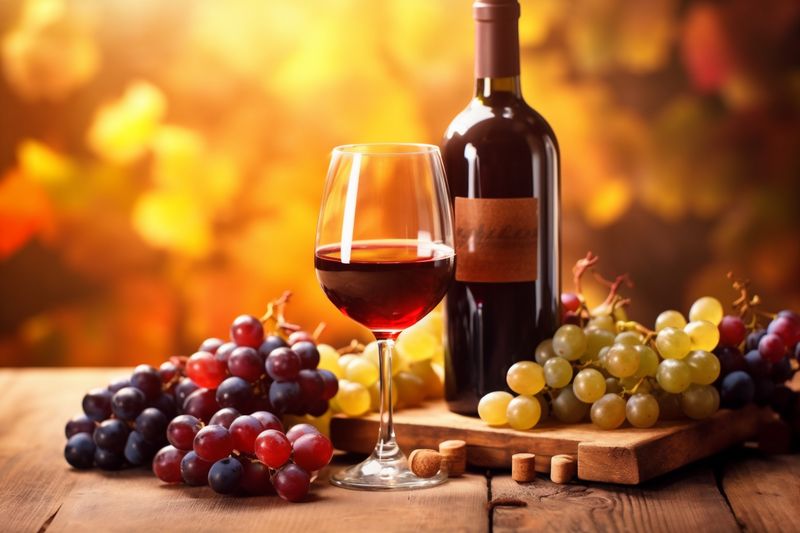 beverage glass alcoholic alcohol food bottle wine winery grape background drink. Generative AI.