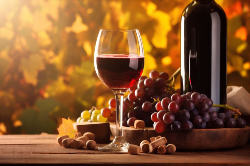 food drink bottle grape beverage glass wine winery alcohol sunny background. Generative AI.