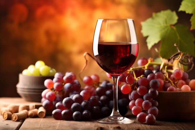 grape bottle alcohol drink winery glass wine beverage food wood background. Generative AI.