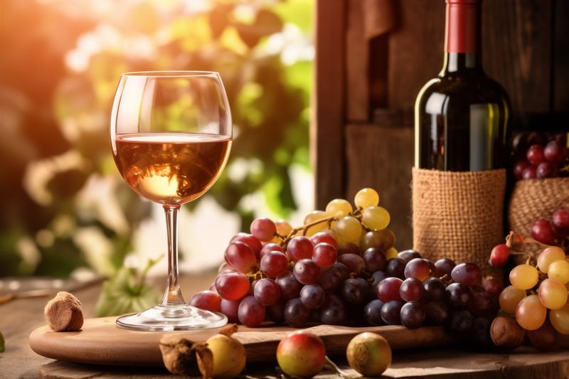 glass beverage bottle winery drink food grape alcohol barrel wine background. Generative AI.