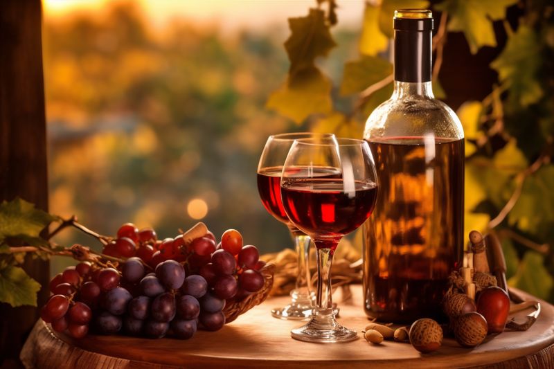 bottle glass background drink bunch wine beverage winery food grape alcohol. Generative AI.