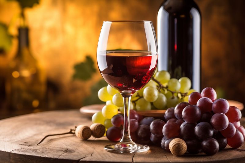 alcohol glass wine winery grapevine background grape bottle beverage drink food. Generative AI.