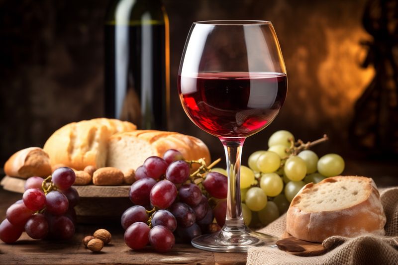 alcohol winery beverage bottle glass background food grape wine drink party. Generative AI.