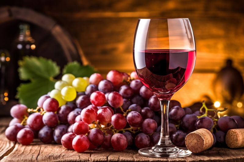 alcohol fruit drink background grape wine beverage bottle glass food winery. Generative AI.