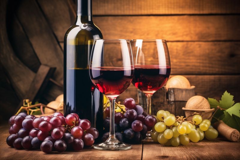 alcoholic food background winery alcohol drink beverage grape glass wine bottle. Generative AI.