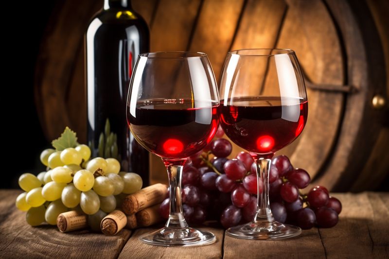 wine background glass beverage food winery bottle space grape alcohol drink copy. Generative AI.