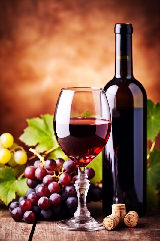 grape beverage alcohol wine food drink glass bottle background winery leaf. Generative AI.