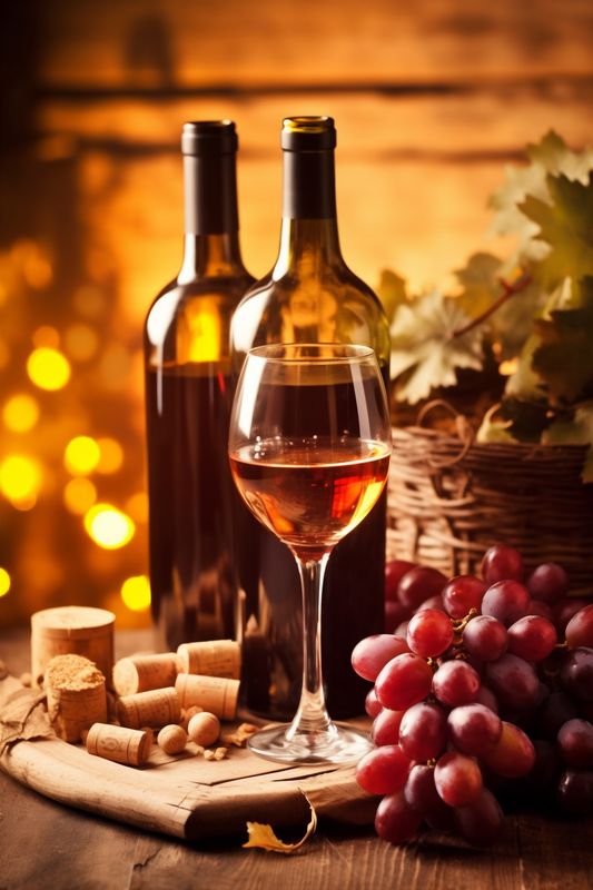 grape food background beverage glass winery drink alcohol wine cork bottle. Generative AI.