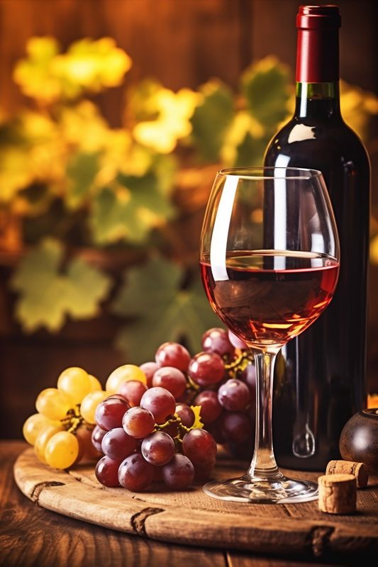 background harvest bottle grape winery glass alcohol drink beverage food wine. Generative AI.