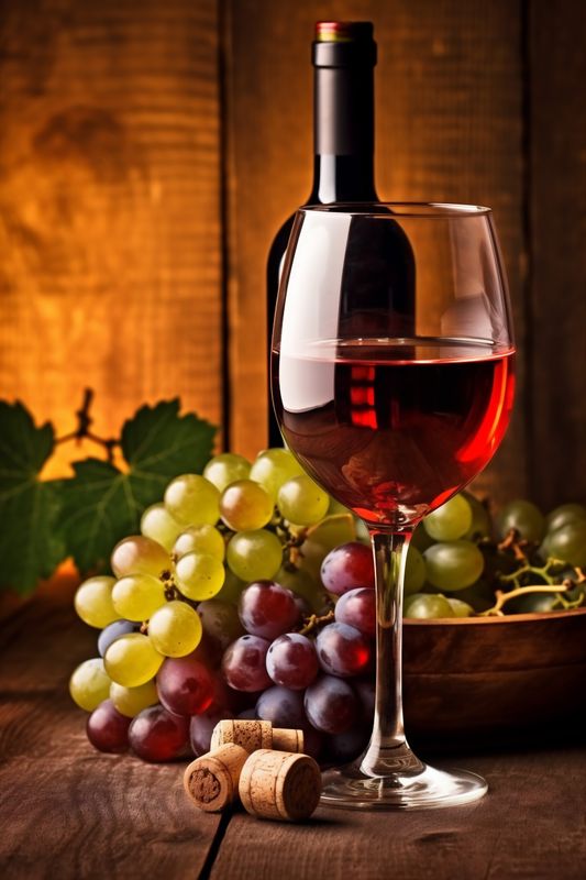 wine background celebration glass beverage grape winery food alcohol bottle drink. Generative AI.