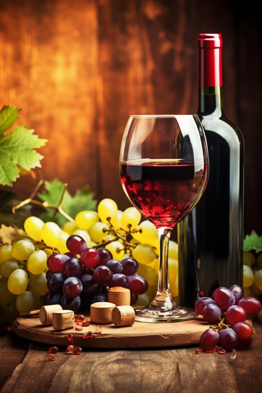 grape food winery bottle drink alcohol beverage background leaf glass wine. Generative AI.