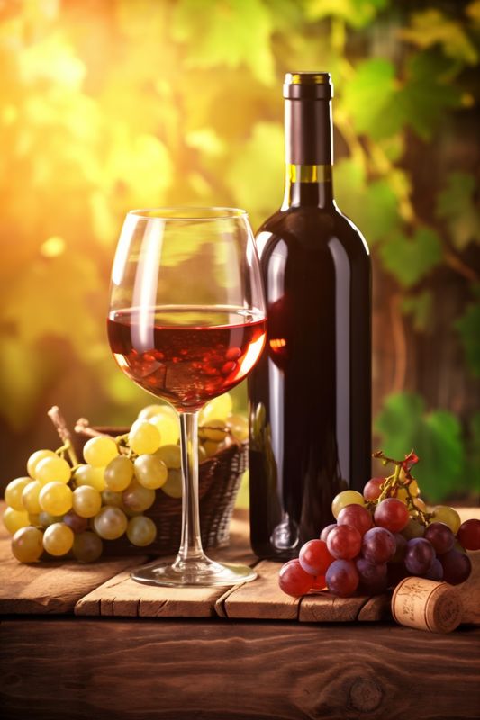 glass wine grape alcohol beverage drink background sunset food winery bottle. Generative AI.