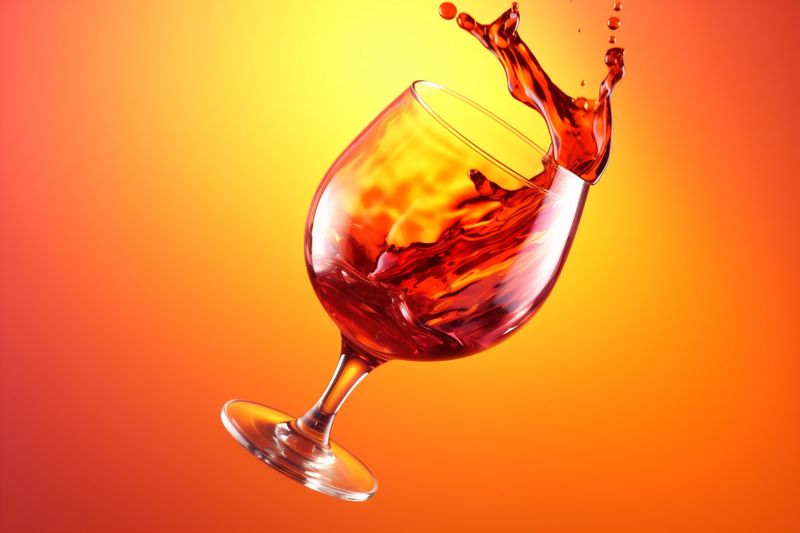 party white drink glass wine gradient red background liquid alcohol closeup. Generative AI.