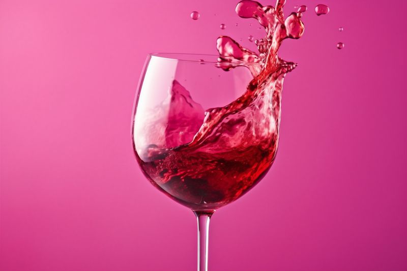 closeup red alcohol glass splash gradient liquid wine drink background party. Generative AI.