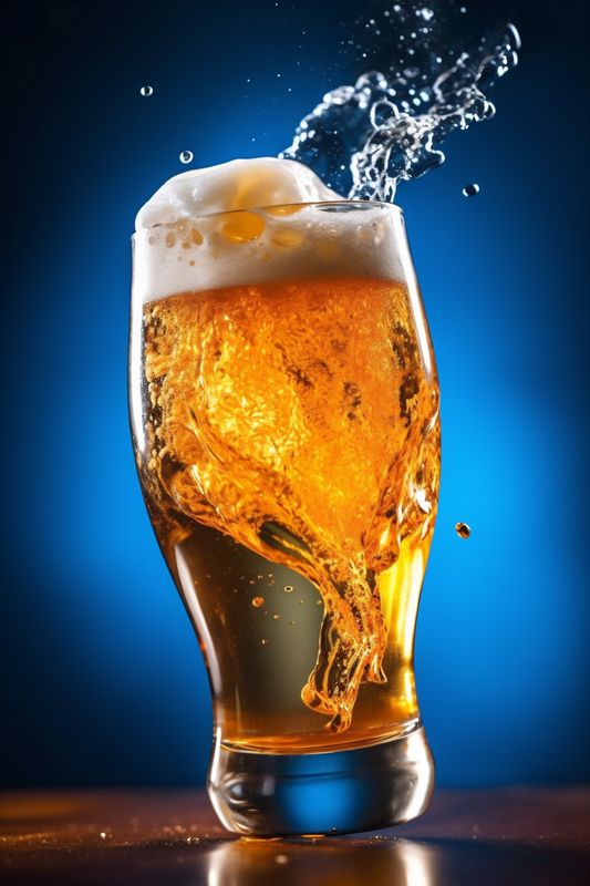 background beer cold drink glass splash alcohol foam bubble gold gradient. Generative AI.