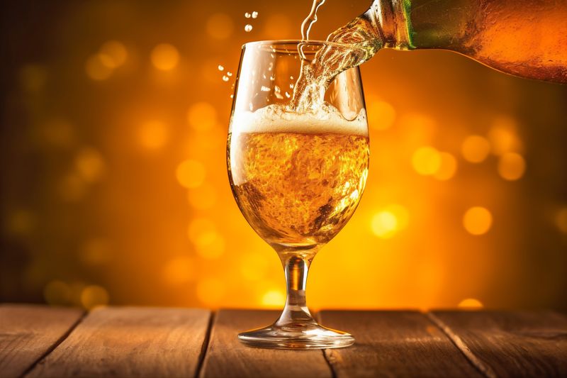 splash spill beer alcohol glass foam bubble background gradient cold drink. Generative AI.