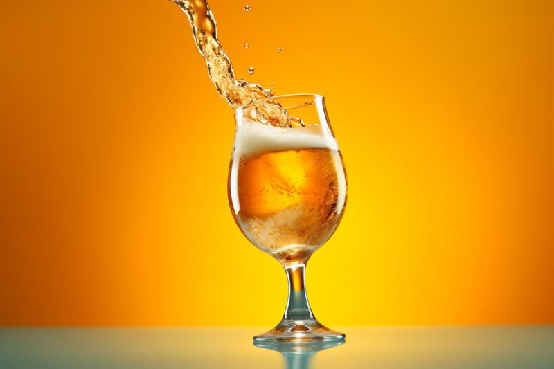 foam drink bubble cold glass splash glassware gradient background beer alcohol. Generative AI.