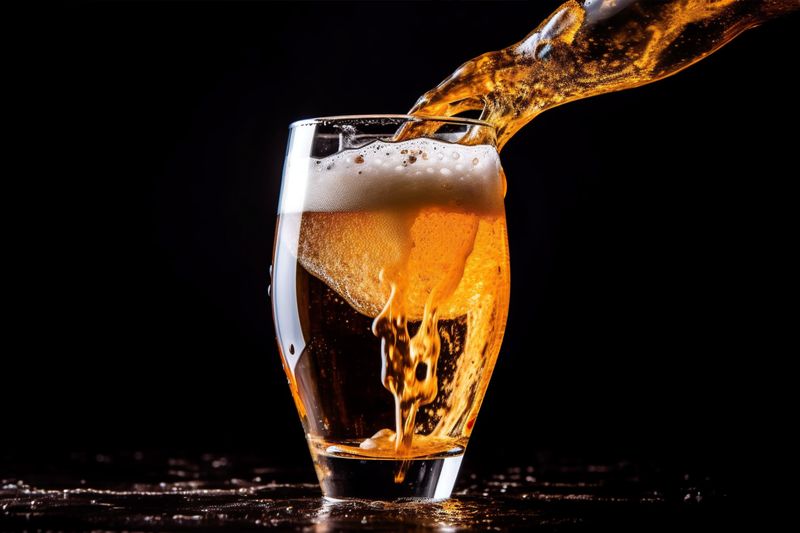 foam alcohol drink glass motion cold beer bubble gradient splash background. Generative AI.