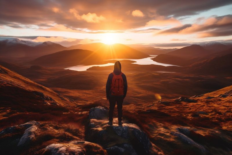 woman back man adventure person nature mountain sunset travel landscape hiker backpack. Generative AI.