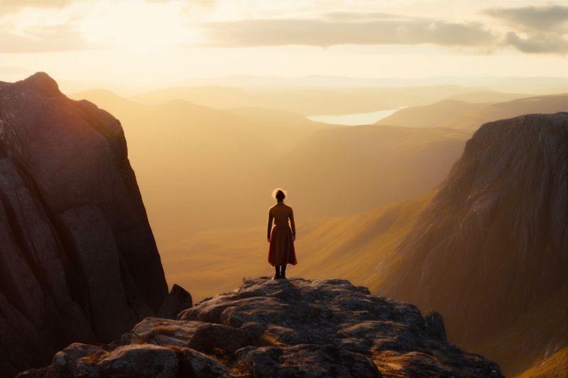 man woman backpack adventure mountain sky back victory hiker nature travel landscape. Generative AI.