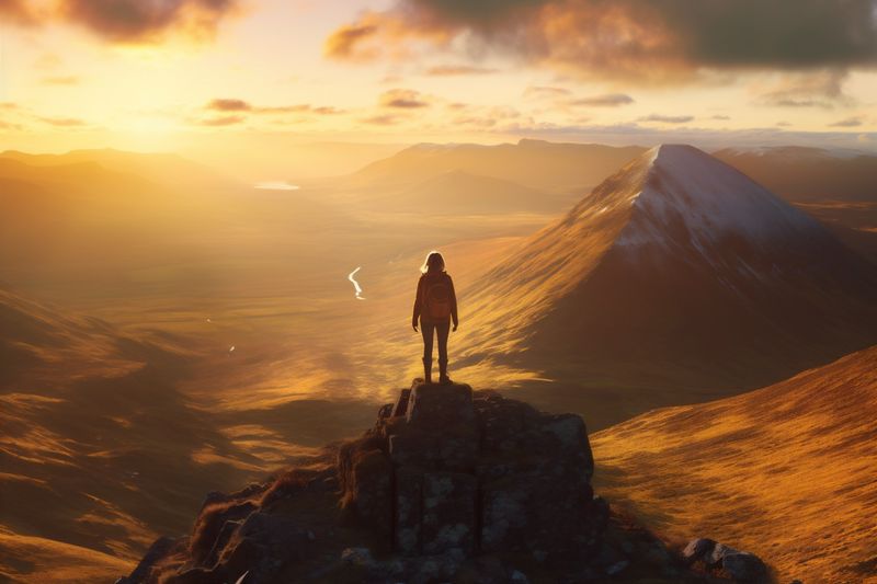 man woman landscape adventure trip back nature mountain young backpack hiker travel. Generative AI.