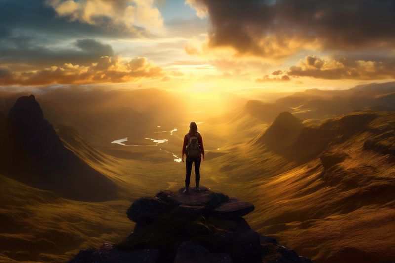 woman travel man backpack cliff landscape mountain back adventure male hiker nature. Generative AI.