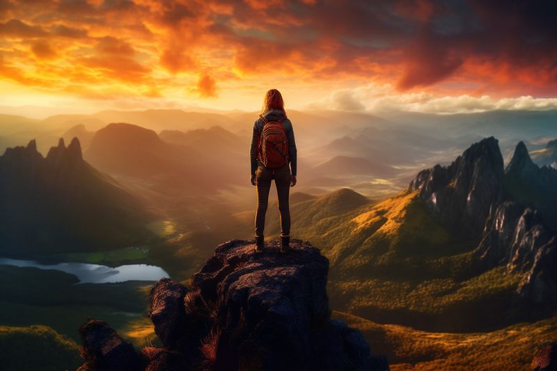 woman man nature hiker trekking backpack mountain landscape standing adventure back travel. Generative AI.