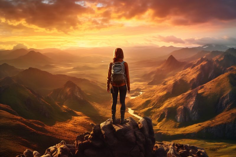 man woman blue backpack mountain landscape nature travel hiker back adventure silhouette. Generative AI.