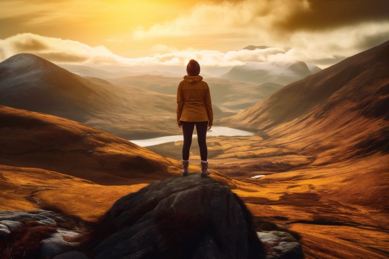 man woman adventure landscape mountain climbing back travel hiker backpack nature male. Generative AI.