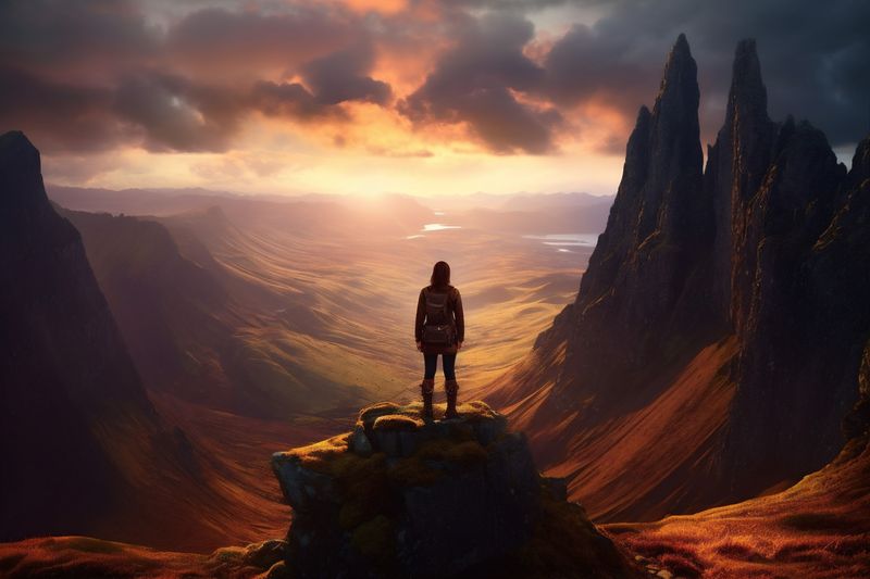 woman nature man back lifestyle rock backpack hiker adventure travel mountain landscape. Generative AI.