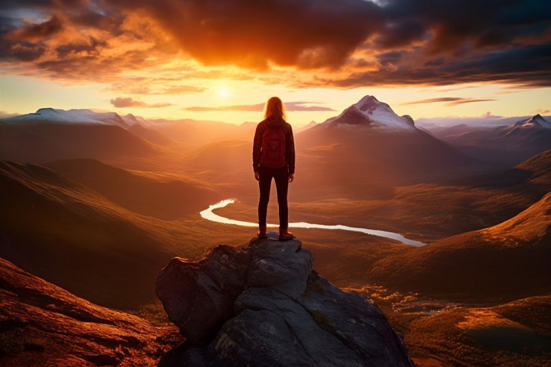 man woman adventure journey hiker cliff travel landscape mountain nature back backpack. Generative AI.