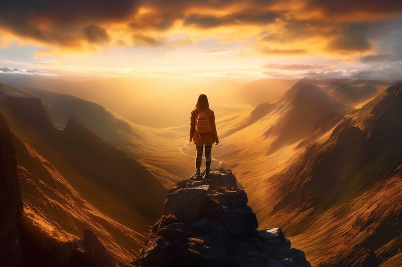 backpack woman man back hiker landscape travel mountain nature top adventure hill. Generative AI.